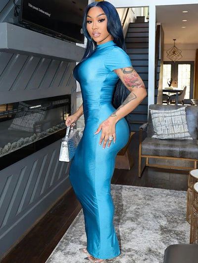 Hugcitar Pure Color O Neck Short Sleeve Slit Sexy Bodycon Slim Maxi Prom Dress 2024 Summer Women Elegant Party Festival Clothes