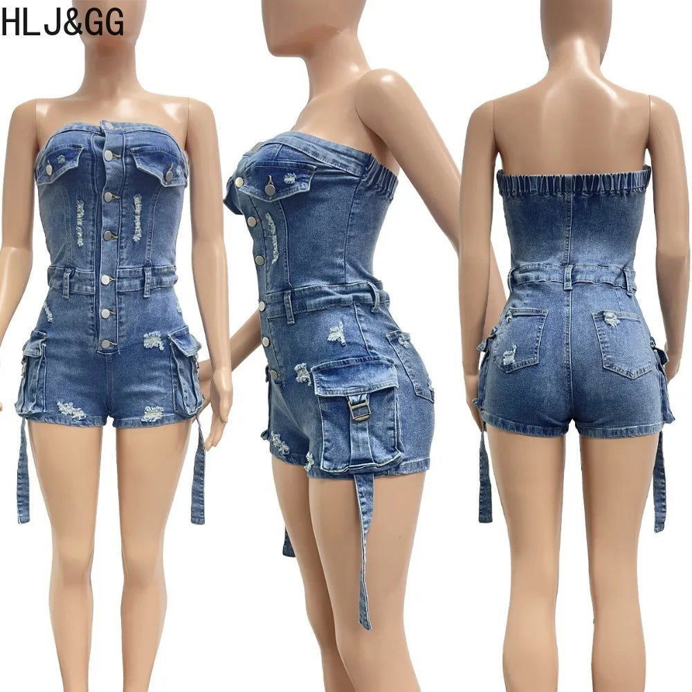 HLJ&GG Blue Sexy Denim Pocket Cargo Bodycon Rompers Women Off Shoulder Sleeveless Backless Slim Jumpsuit Fashion Cowboy Playsuit