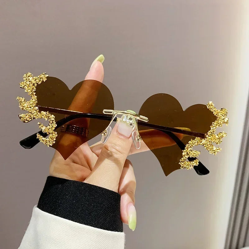 Rimless Sunglasses Women Luxury Brand Rhinestone Sun Glasses Ladies Cute Heart Shape Punk Party Eyewear очки від сонця женские