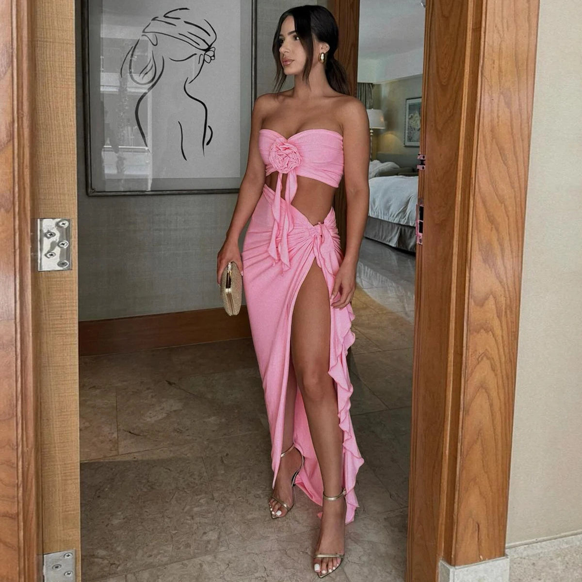 Hugcitar Fashion 2 Pcs Sets Strapless Tie Flower Draped Sexy Crop Tank Top Slit Tassel Maxi Skirt Women Outfit Festival Party