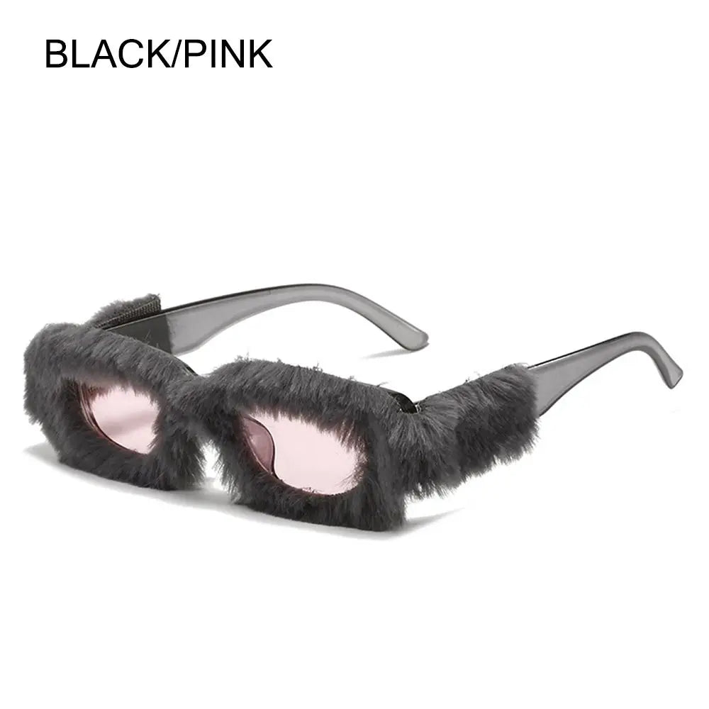 NEW Trendy Rectangle Sunglasses Women Punk Plush Sun Glasses Ladies UV400 Shades Fashion Funny Decor Eyewear