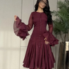 TWOTWINSTYLE Women's Dress Irregular Pleated Patchwork Fashion Long Lantern Sleeve Waist Cinching Mini Dresses 2024 New Clothing