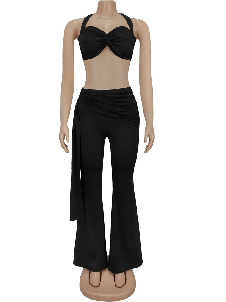 Beyprern New Chic Twist Front Crop Top And Long Straps Wide Legs Pants Set Womens Ruched Metal Tracksuits Set Night Out Overalls