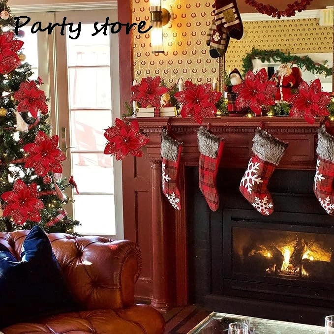 Silver Glitter Christmas Flowers Silver Xmas Tree Artifical Flower Ornaments Merry Christmas Decoration For Home Party New Year