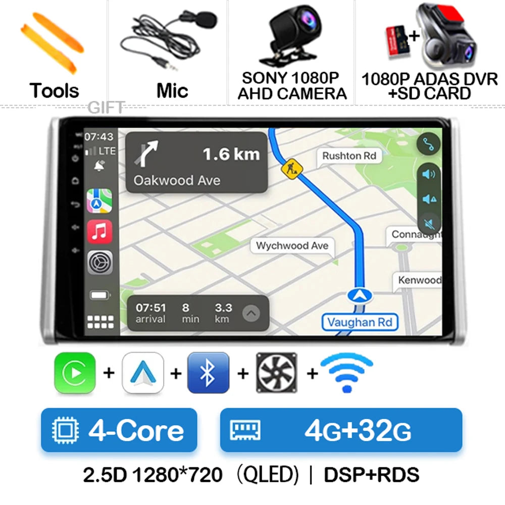 Android 14 Car Radio For Toyota RAV4 5 XA50 2018 - 2023 Multimedia Video Player Navigation GPS 2Din Carplay Auto 4G WIFI QLED BT