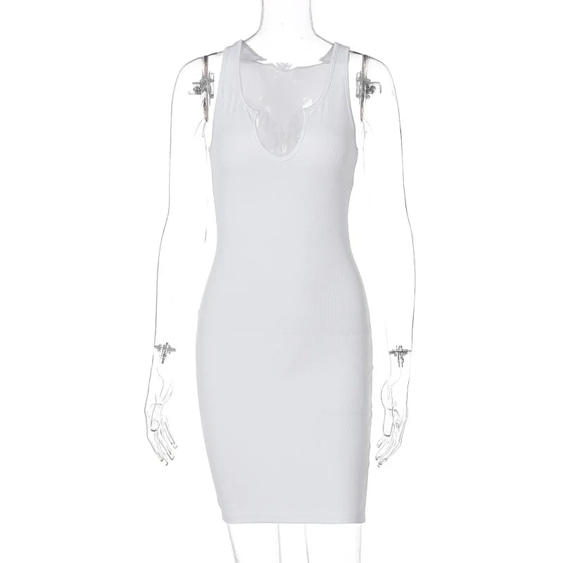 Sexy Deep U Neck Wrap Chest Slim Bodycon Dress Women Sleeveless Solid Color Skinny Dress Elegant Club Party Vestidos