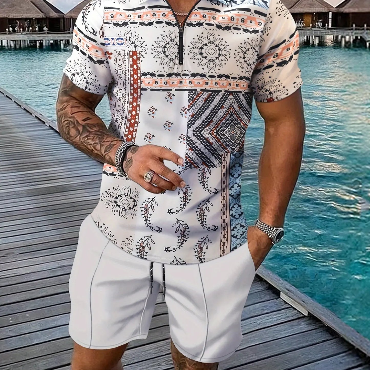 Retro national Style Totem 3D Print Men's Sweatsuit Set Summer Zipper Polo Shirt + Shorts 2pcs Sets Man Clothing Tracksuit Set
