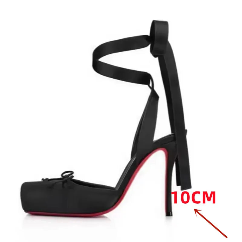 Ladies' New Summer Square Satin High-heeled Sandals with Ankle Straps, Fashionable Party and Banquet Ballet High-heeled Shoes