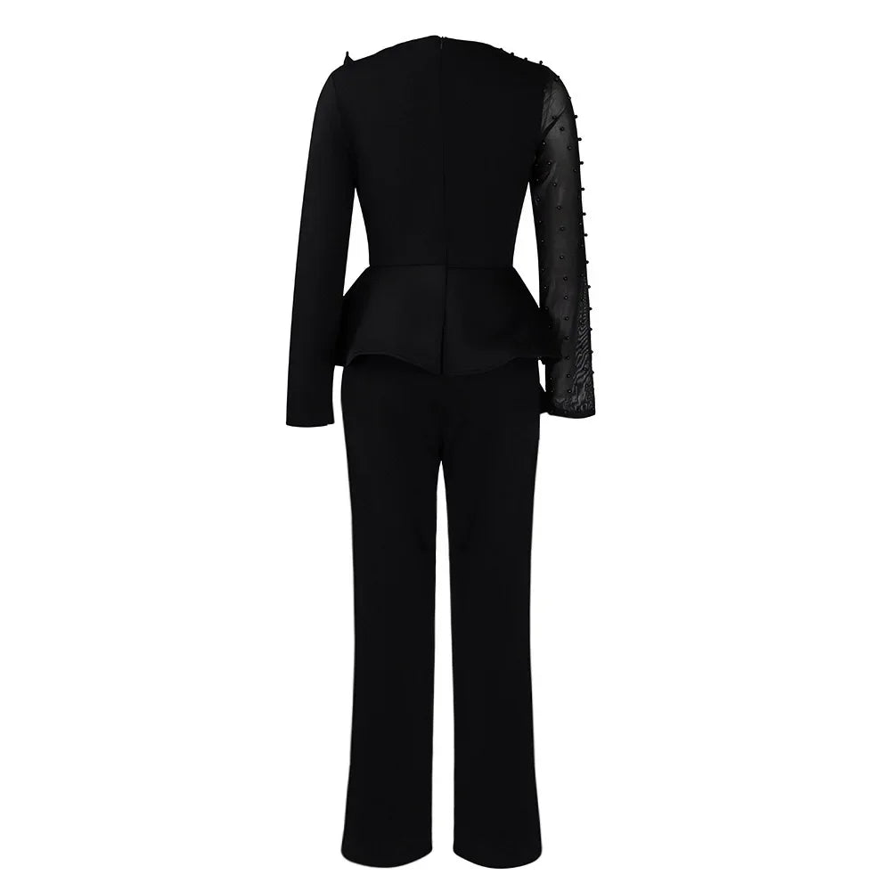 Luxury Jumpsuits & Rompers for Women Round Neck Beaded Transparent Sleeve High Waisted Elegant Female Birthday Party Overalls
