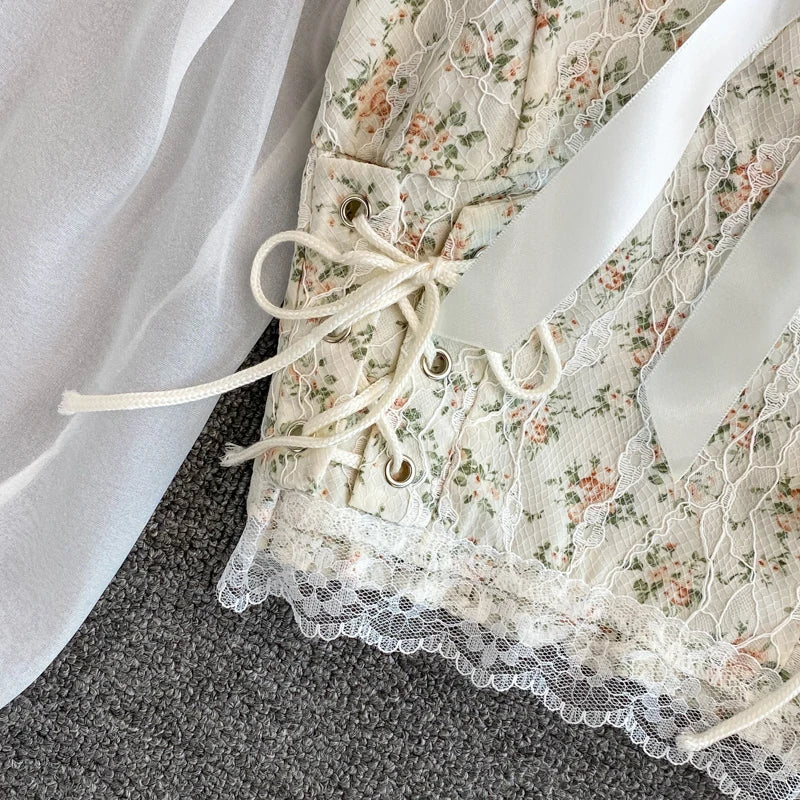 YuooMuoo Ins Fashion Floral Print Mesh Patchwork Blouses Shirts Autumn Women Vintage Bandage Slim Waist Gothic Lace Tops Blusas