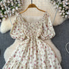 2024 New Summer Flower Print Long Dress Women Vintage Square Neck Ruched Chest Sash Bandage Sundress Party Vestidos