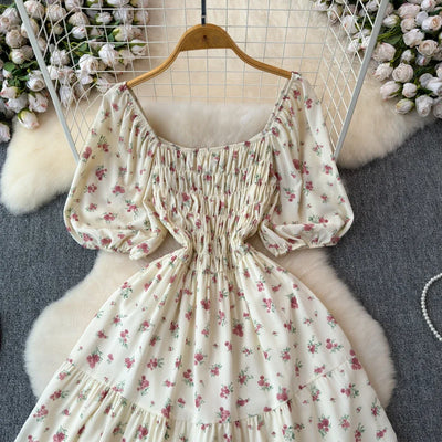 2024 New Summer Flower Print Long Dress Women Vintage Square Neck Ruched Chest Sash Bandage Sundress Party Vestidos