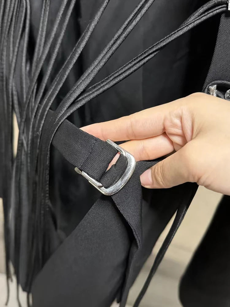 VGH Minimalist Patchwork Drawstring Solid Blazers For Women Notched Collar Long Sleeve Backless Hollow Out Blazer Female Style