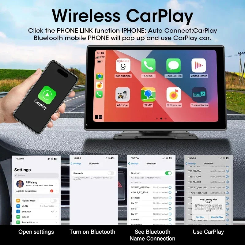 Srunbi 9 Inch Carplay MP5 Portable Smart Player Monitor Wireless Android Auto&Carplay Dual Bluetooth Music AUX USB BT 5.0 IPS