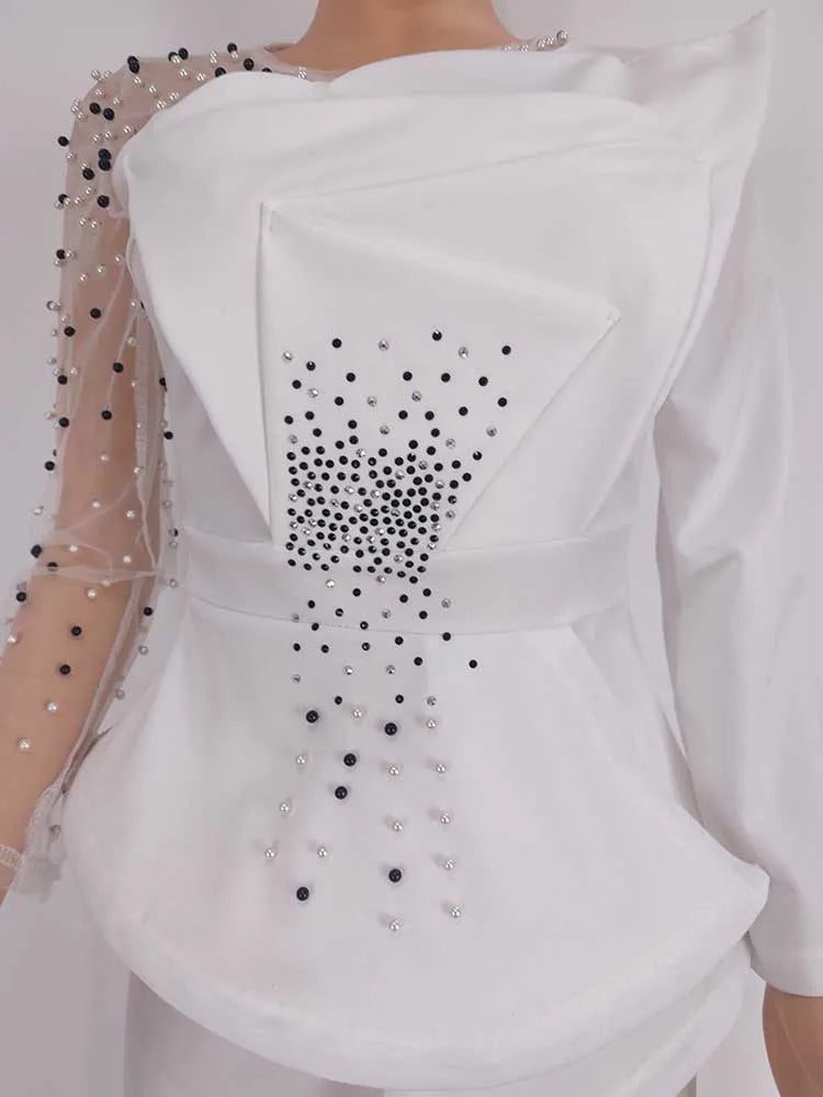 Spring 2 Pieces Set for Woman Pearl Top with Sleeves Pants Suit Women Outfit Elegant Classy Evening Wholesale Dropshipping