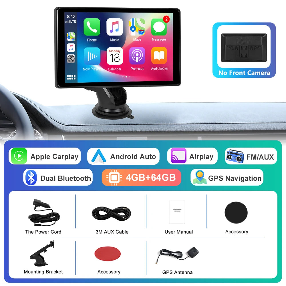 Podofo 8inch Android Monitor 4+64G Carplay Android auto Car Video Player Bluetooth FM AUX Apple Airplay Dashboard Monitor