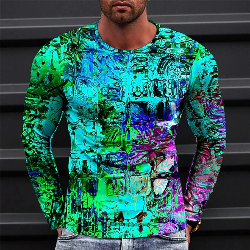 2023 New Autumn Man's Optical Illusion Round Neck Long Sleeve T-shirt 3D printing Fashion Top pullover T Shirts Man's Clothing