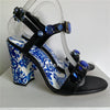Luxury Diamond Crystal Decor Modern Sandals Women Blue And White Porcelain Print Ankle Strap Summer Shoes For Girls