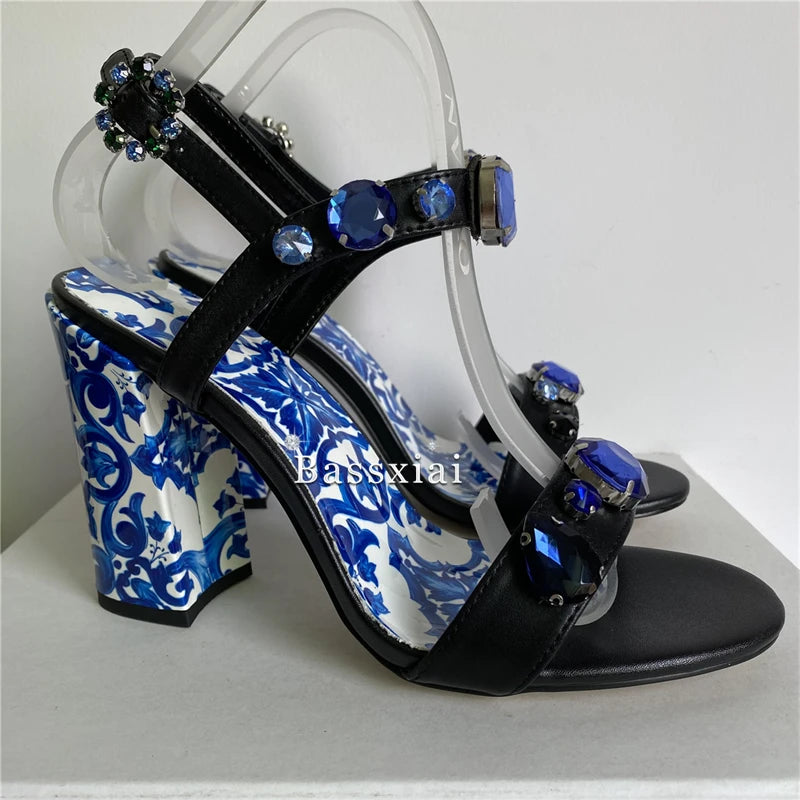 Luxury Diamond Crystal Decor Modern Sandals Women Blue And White Porcelain Print Ankle Strap Summer Shoes For Girls