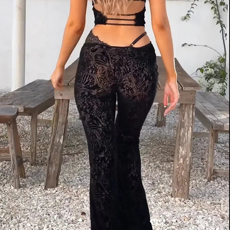FAGADOER Sexy Lace See Through 2 Piece Sets Woman Outfit Hollow Out Crop Top + Flare Pants Female Y2K Streetwear Summer Spring