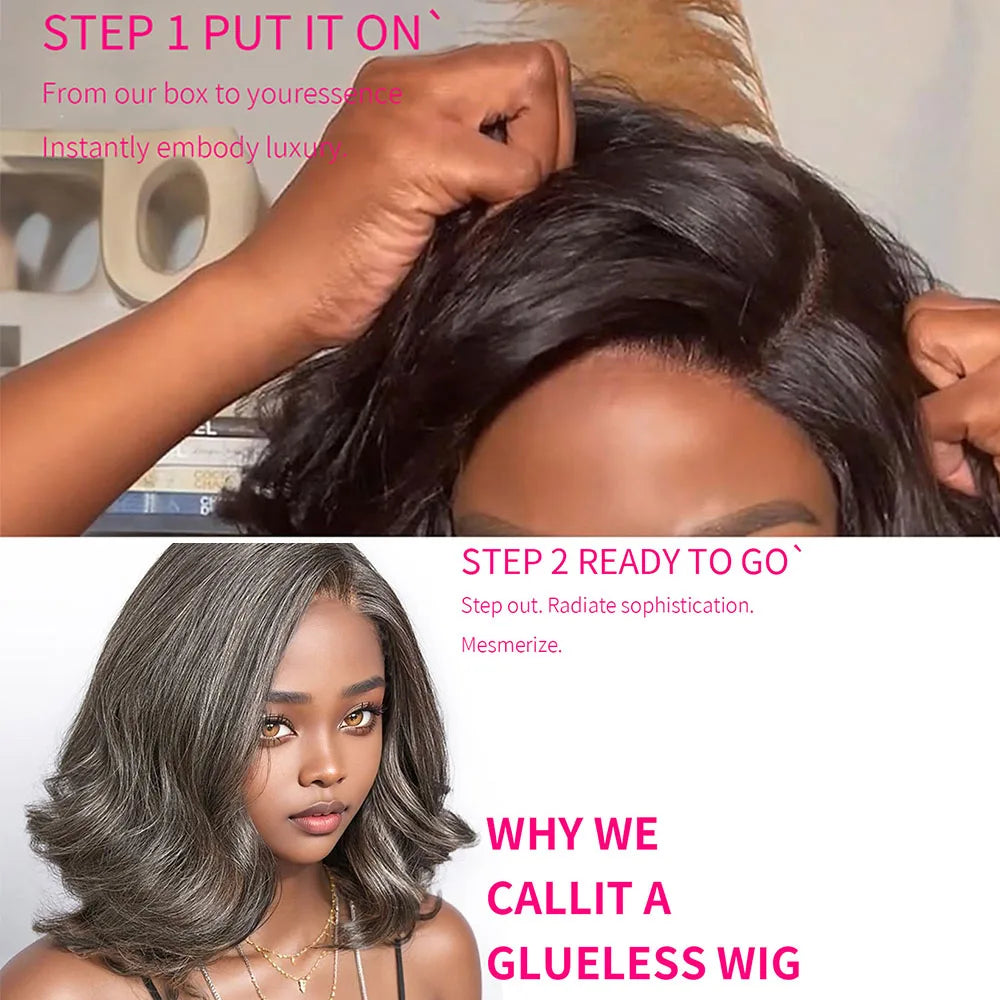 Salt and Pepper Loose Wave Lace Front Bob Wig Human Hair Side Part  5x5 HD Closure Lace Wig Ready To for Black Women