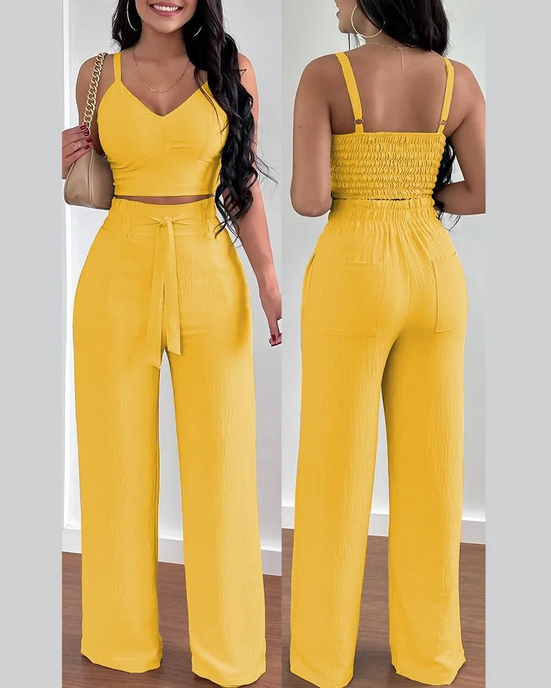 Women Fashion Print Halter V-Neck Short Tank Suit Tops Long Pants Matching Set Summer Casual Female Slim Pants Two Piece Sets