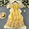 Elegant Slash Neck Vintage Short Puff Sleeve Chic Print Slim Chiffon Dresses French High Street Evening Autumn Mesh Clothing
