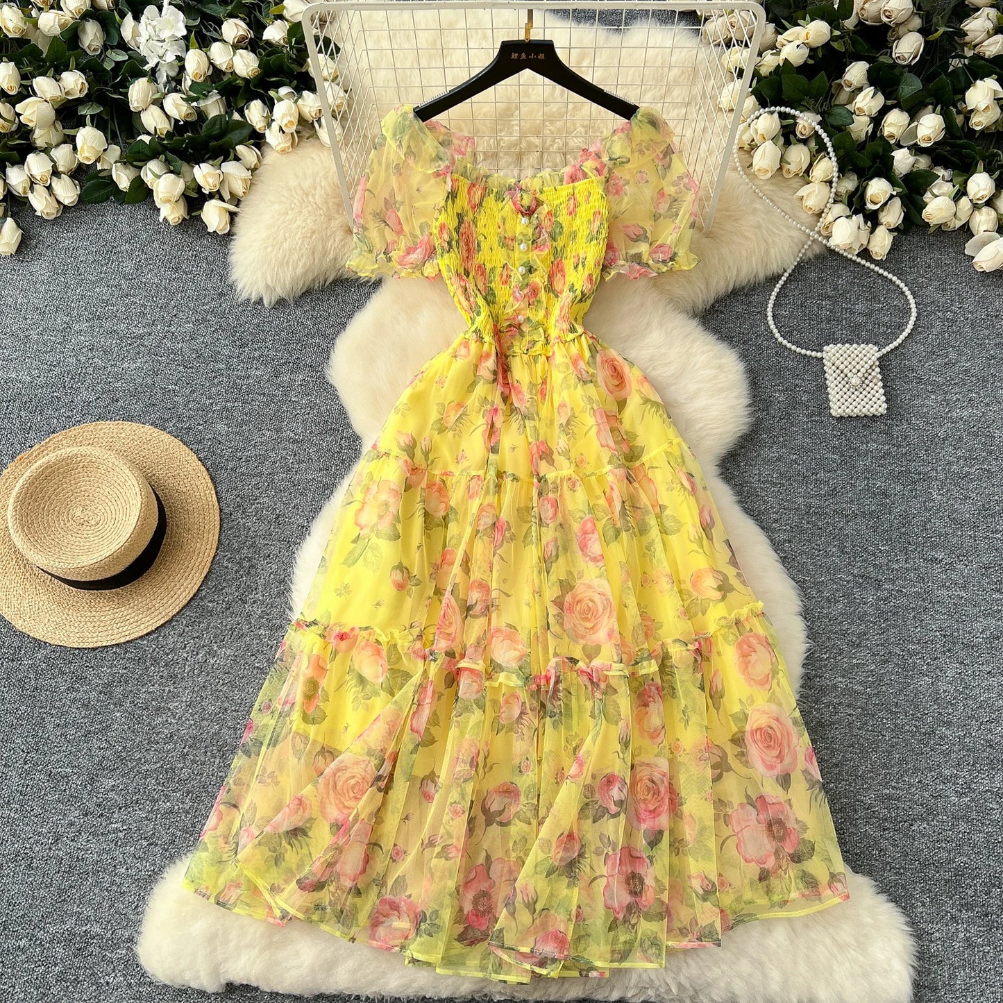 Elegant Slash Neck Vintage Short Puff Sleeve Chic Print Slim Chiffon Dresses French High Street Evening Autumn Mesh Clothing