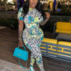 Insglas Print Jumpsuit Women Casual Colorful  Short Sleeve Summer Activity o-Neck Skinny Stretch Fitness Soft Street Overalls