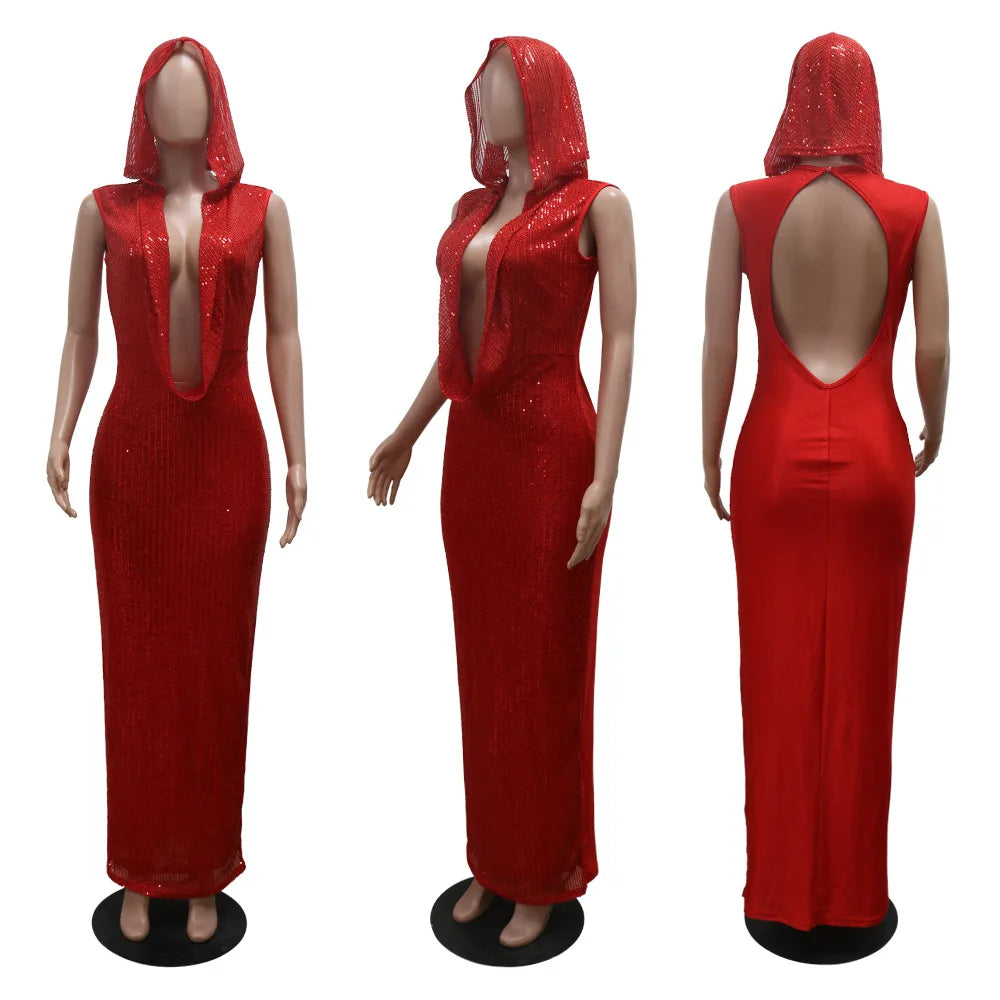 HLJ Sexy Deep V Perspective Sequin Hooded Bodycon Party Club Dresses Women Backless Sleeveless Slim Vestidos Fashion Clothing
