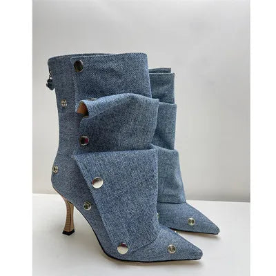 2025 Classics Women Pointed Toe Strange Heels Boots For Woman's Rivet Button Zipper-Sid Solid Color High Heels Shoes Botas Altas