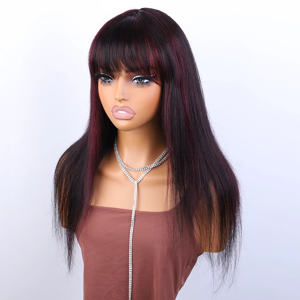 Lekker 24" Long Highlight Burg Red Bone Straight Human Hair Wigs With Bangs For Women Brazilian Remy Hair Full Machine Made Wigs