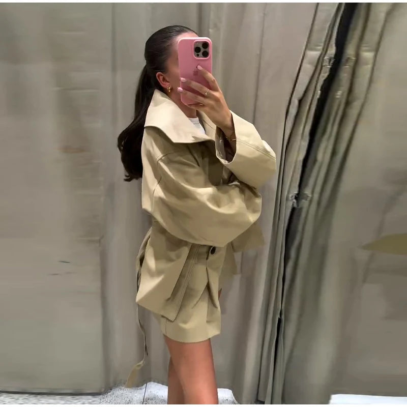 Fashion Belt Short Trench Coat Women Stand Collar Double Breasted Pocket Long Sleeve Coats 2025 Autumn Lady Commute Chic Outwear