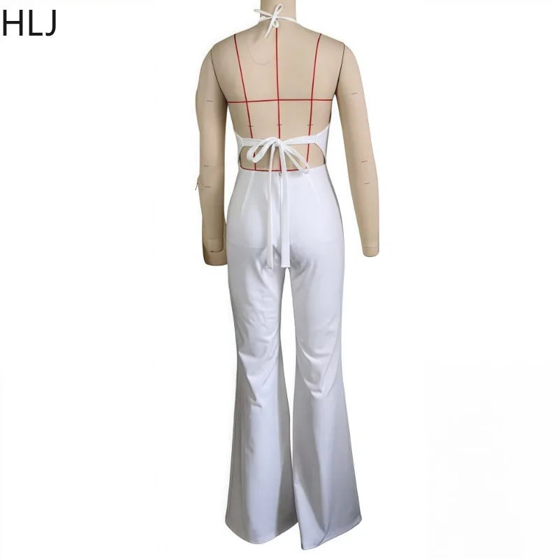 HLJ Elegant Beaded Patchwork Bodycon Jumpsuits Woman Sleeveless Backless Flare Pants One Piece Romper Female Streetwear Overalls
