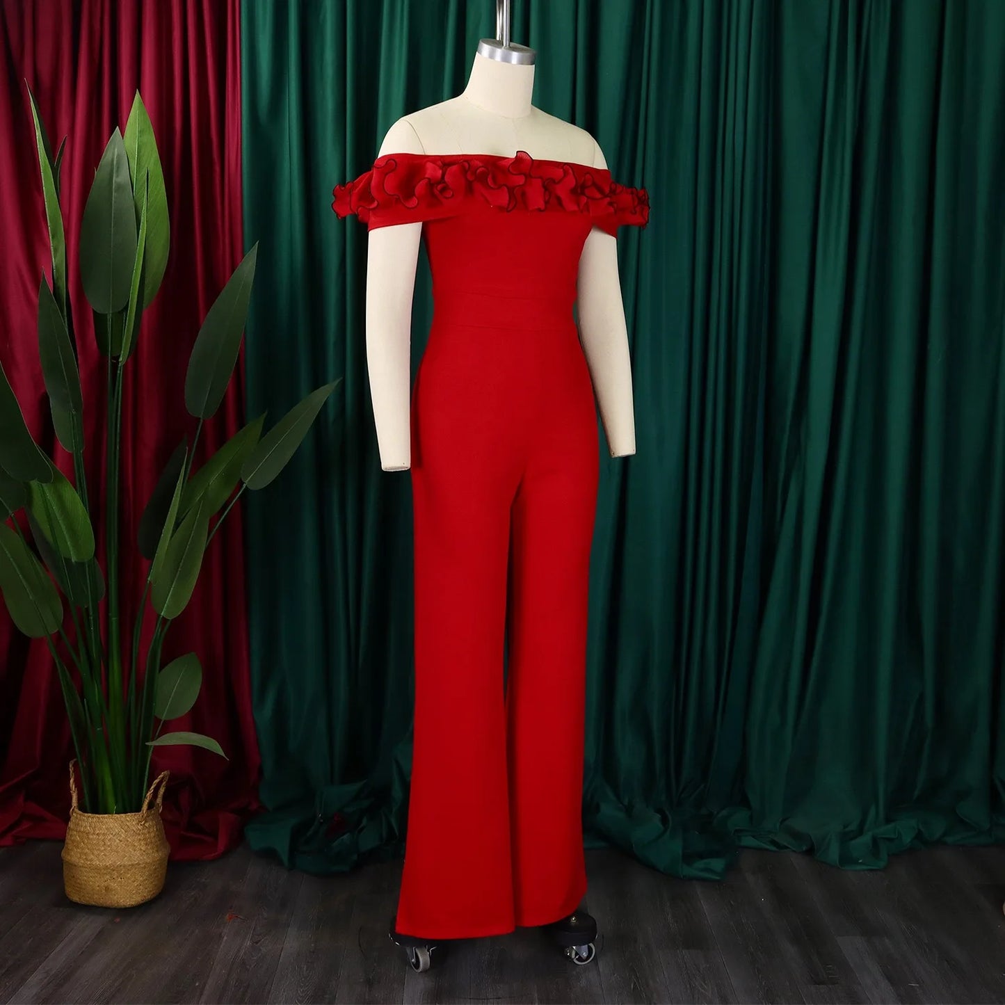Luxury Jumpsuits & Rompers for Woman Off the Shoulder Ruffles Short Sleeve High Waisted Solid New Year 2025 Christmas Overalls
