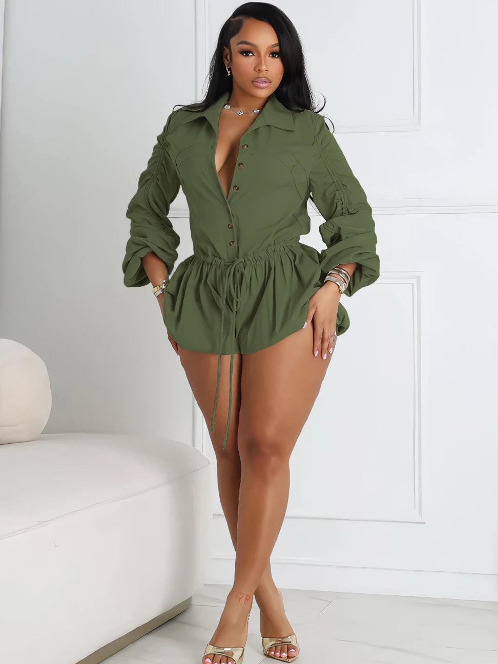 CM.YAYA Vintge Women's Blouse Style Ruched Up Long Sleeve Romper Playsuit 2025 Summer Streetwear Basic Overall Outfits Jumpsuits