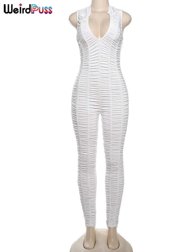 Weird Puss Ruffles Stretch Jumpsuit Women Casual Tight Fitness Activity Sleeveless Low-Neck Solid Skinny Sporty Workout Overalls