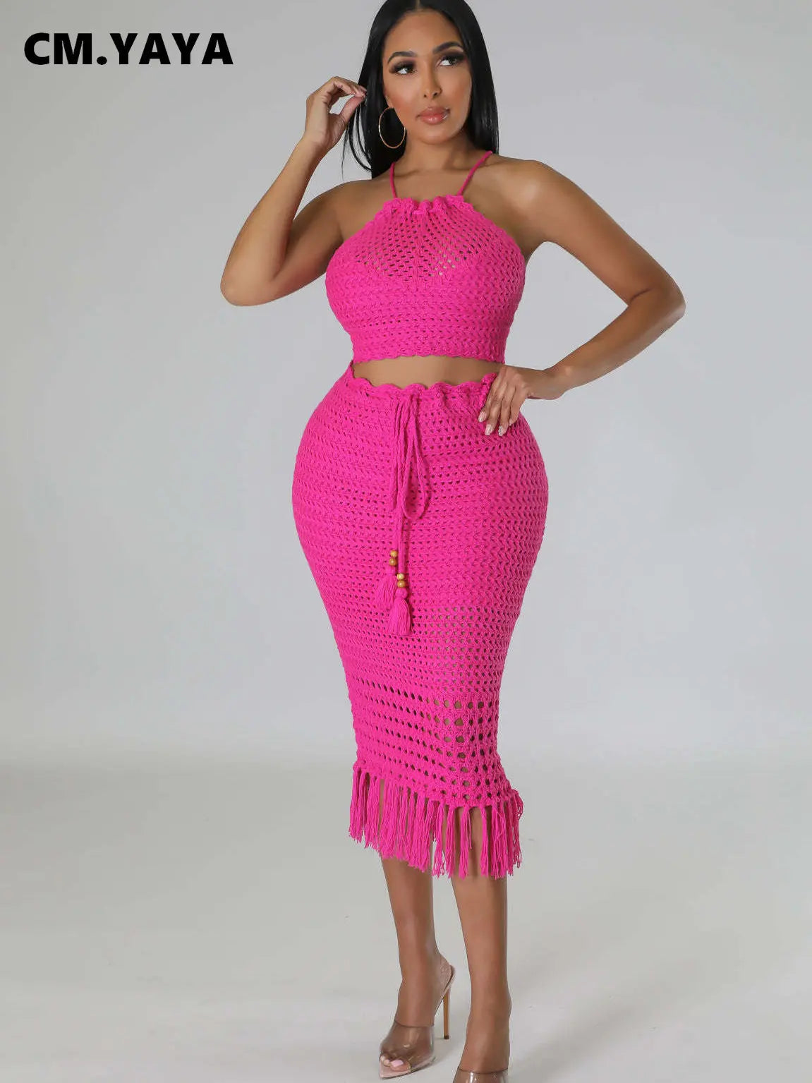 CM.YAYA Beach Knit See Though Women Two 2 Piece Set Outfits Halter Neck Crop Top and Tassel Midi Skirt Suit 2023 New Dress Set