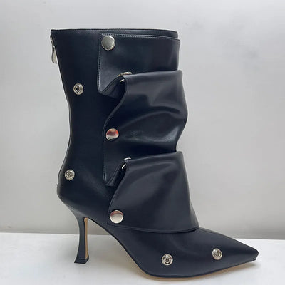 2025 Classics Women Pointed Toe Strange Heels Boots For Woman's Rivet Button Zipper-Sid Solid Color High Heels Shoes Botas Altas