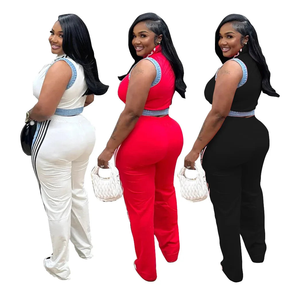2 Pieces Women's Sets 2025 Spring Summer Denim Sleeveless Suit Tops And Wide Leg Pants Suits Two Piece Set Tracksuit Outfit