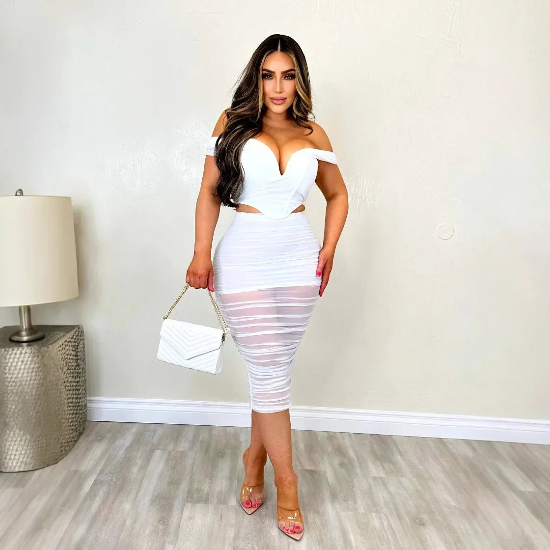 S10632 Sexy Slimming Mesh Splice Bum Covering Visibility Elastic Off-Shoulder 2-Piece Set European And American Style