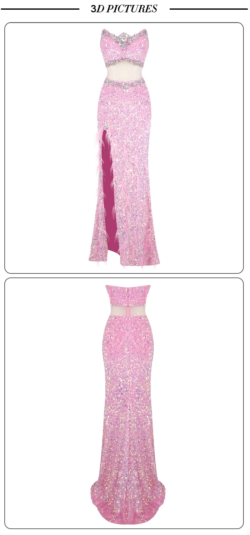 VC Pink Sparkly Sequins Long Dress Beaded Crystal Feather Embellished High Slit Straight Floor-length Prom Evening Gown Vestidos