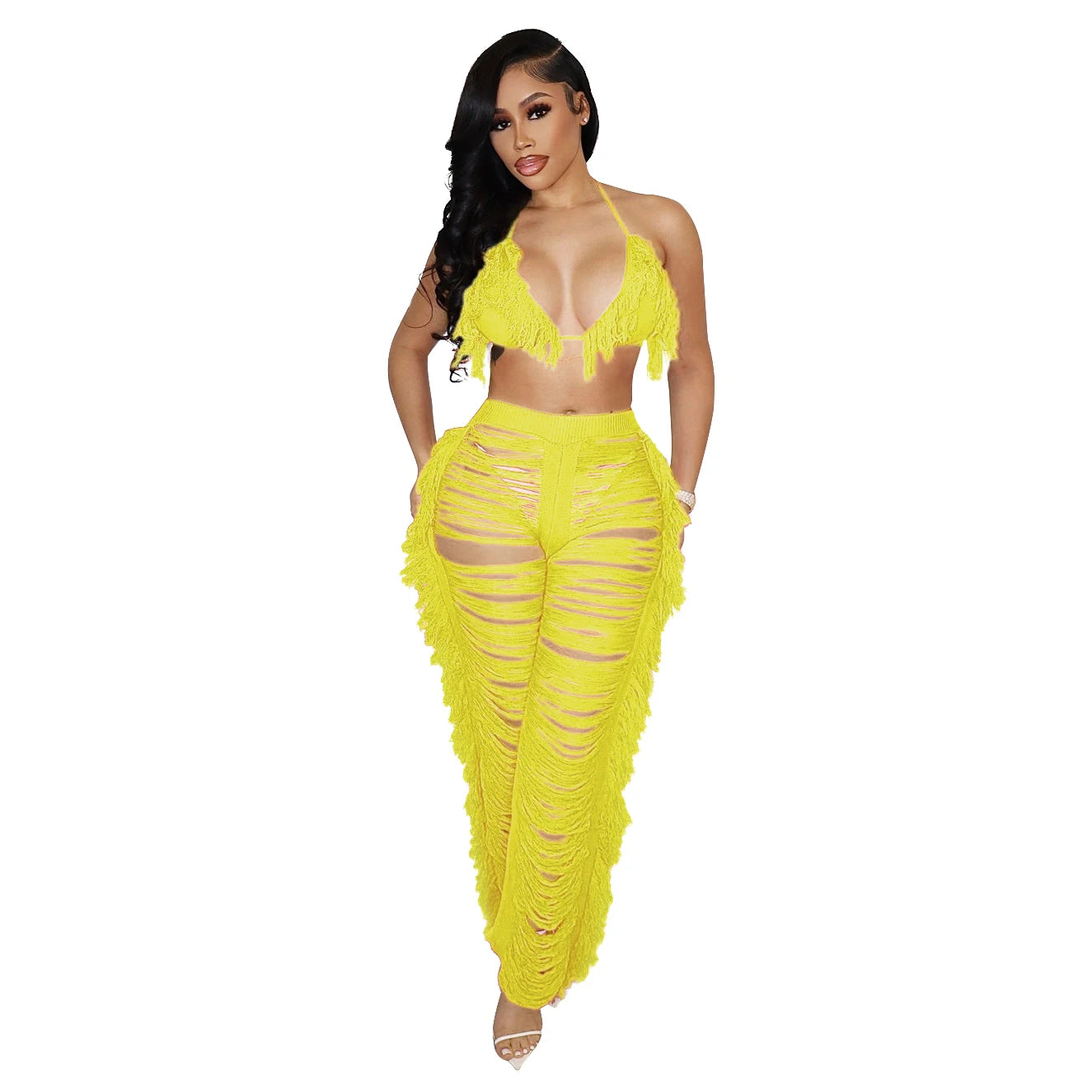 RT Sexy Women Crochet Set Two Pieces Set Halter Backless Top Pants Tassels Knitted 2 Pieces Set Hollow Out Crocheted Beach Set