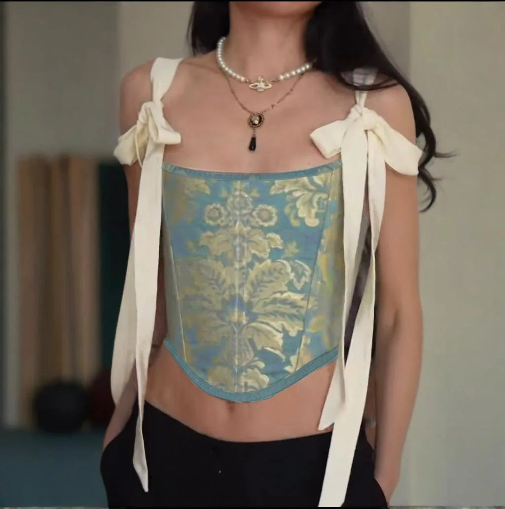 European and American fashion suspender embroidery printing bow waist vest female ins niche spice girl wind Joker slim top