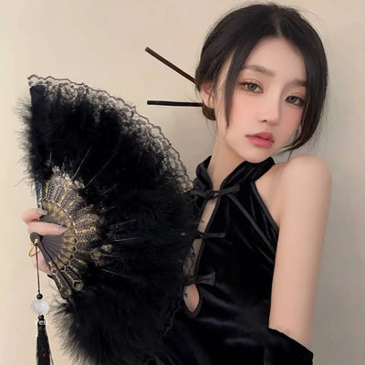 Chinese Style Vintage Foldable Hand Fan Feathers Lace Folding Handheld Fan for Sexy Dance Wedding Decoration Party Favor Gifts