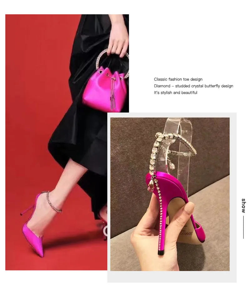 Luxury Crystal Sequined Women Pumps Elegant Thin High heels Spring Summer Fashion Chains Party Shoes Sexy Wedding Bridal Shoes