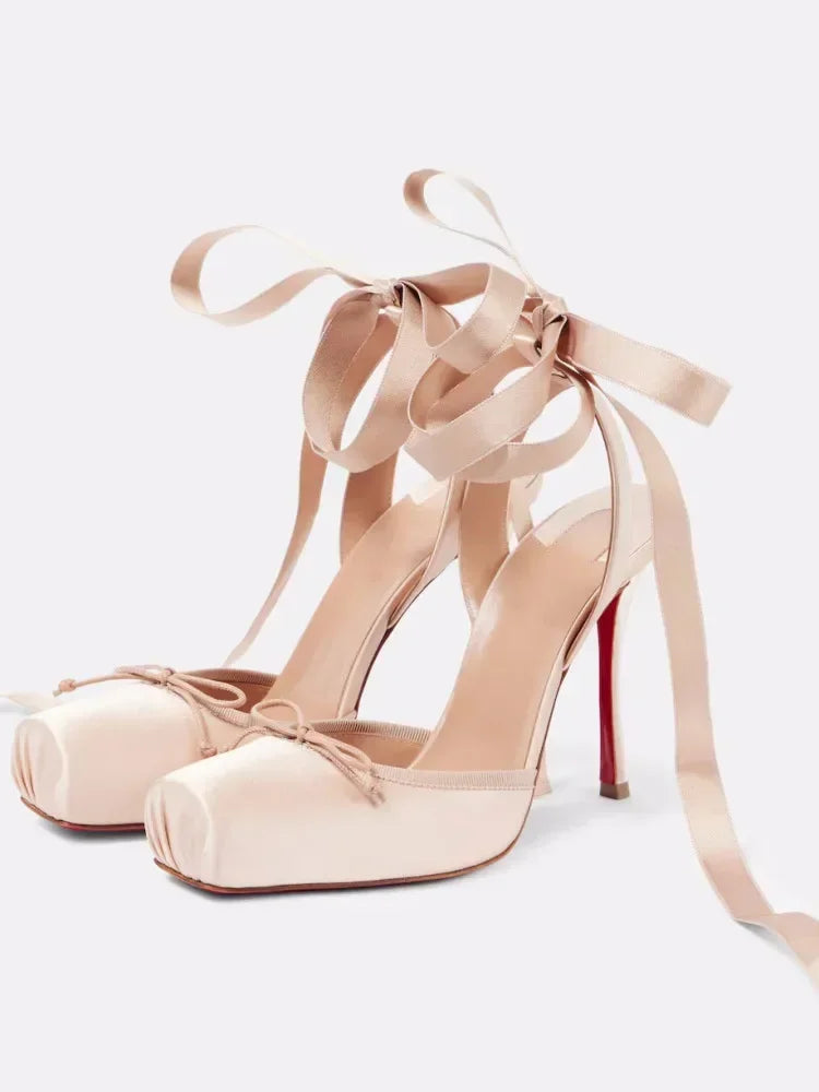 Ladies' New Summer Square Satin High-heeled Sandals with Ankle Straps, Fashionable Party and Banquet Ballet High-heeled Shoes