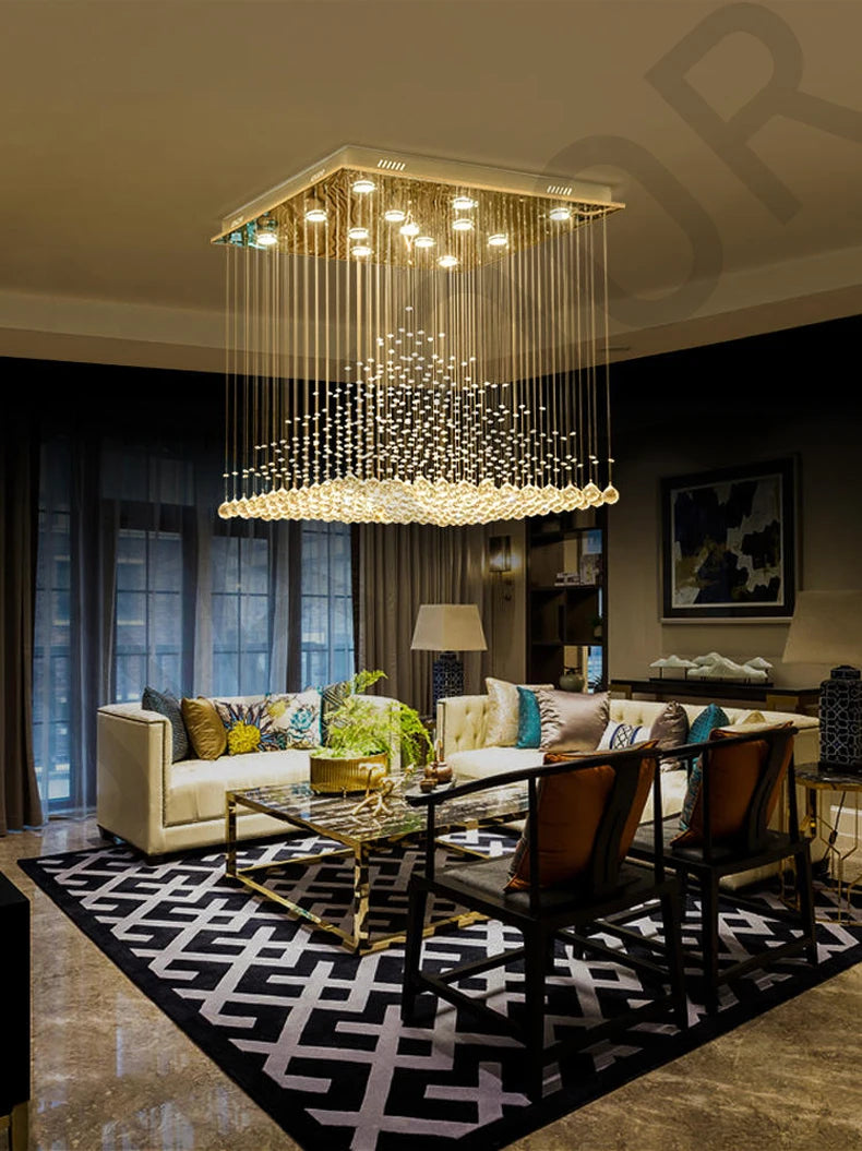 Chandelier K9 Crystal Pendant Ball Square Chandelier Lighting Fixture Raindrop Curtain Glass Chandelier LED Light