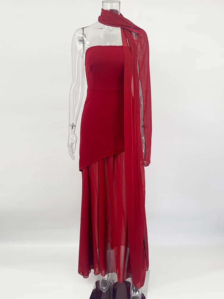 TARUXY Fashion Strapless Dress With Ribbon Female Elegant Sleeveless Mesh Beach Vacation Long Dress 2025 Spring New Women Dress