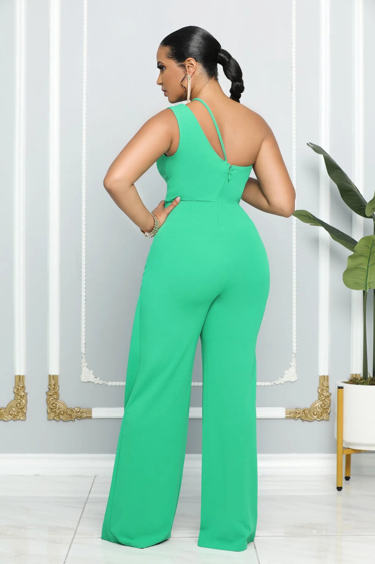 Summer New Vintage Chic Women's Fashion Sexy Sleeveless Single Shoulder Sling High Waist Commuter High Waist Straight Jumpsuit